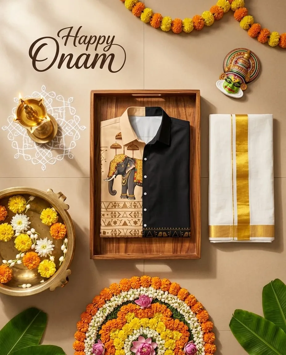Gaja Black Temple Motif Gold Kara Mundu Cotton Shirt Set